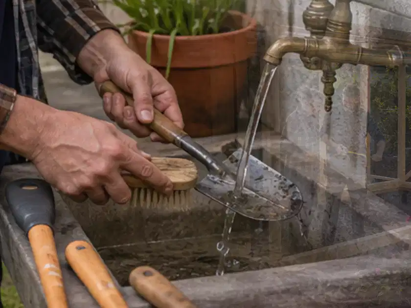 Hände reinigen gebrauchte Gartengeräte mit Bürste und Wasser am Außenbecken; Thema Motorhacken, Schwerpunkt Anwendung; Titelbild.