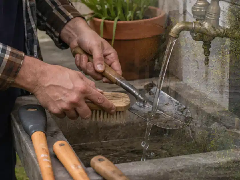 Hände reinigen gebrauchte Gartengeräte mit Bürste und Wasser am Außenbecken; Thema Motorhacken, Schwerpunkt Bestenliste; Titelbild.
