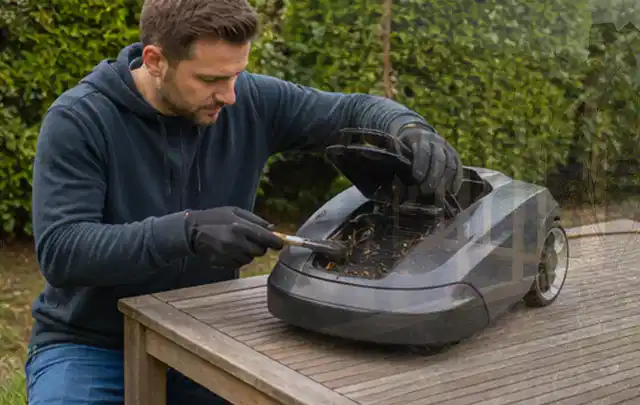 Person wartet einen geöffneten Mähroboter auf einem stabilen Gartentisch; Thema Motorhacken, Schwerpunkt Bestenliste; Ausgangslage.