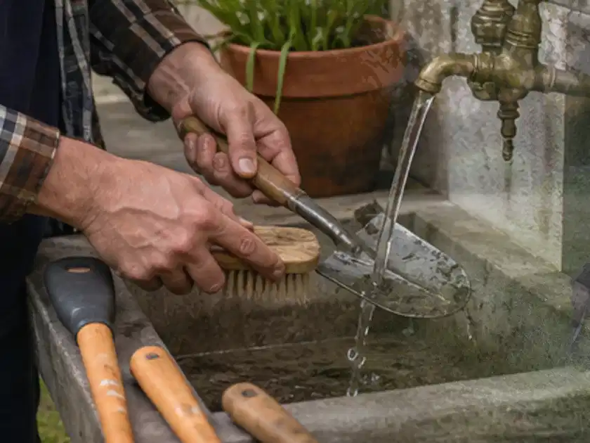 Hände reinigen gebrauchte Gartengeräte mit Bürste und Wasser am Außenbecken; Thema Motorhacken, Schwerpunkt Checkliste; Titelbild.