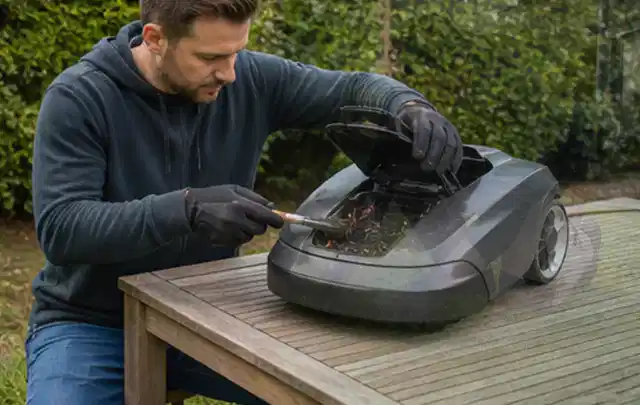 Person wartet einen geöffneten Mähroboter auf einem stabilen Gartentisch; Thema Motorhacken, Schwerpunkt Checkliste; Ausgangslage.
