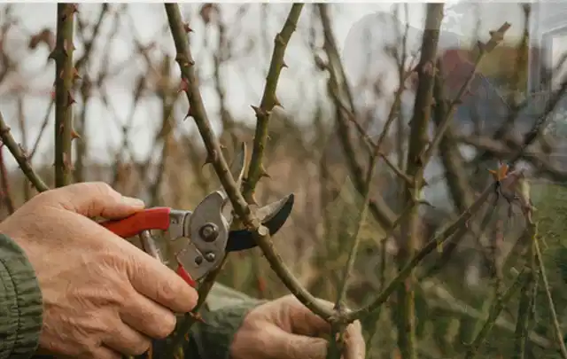 Hände schneiden einen älteren Rosenstrauch mit einer sauberen Gartenschere; Thema Motorhacken, Schwerpunkt Ersatzteile; Kontrolle.