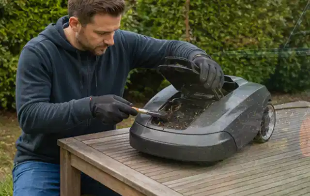 Person wartet einen geöffneten Mähroboter auf einem stabilen Gartentisch; Thema Motorhacken, Schwerpunkt Ersatzteile; Praxisalltag.