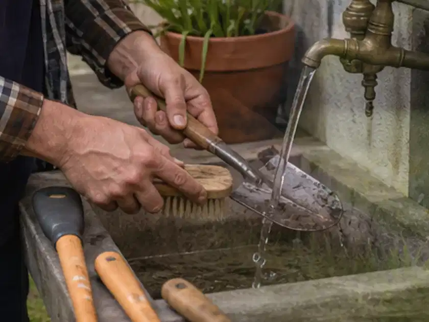 Hände reinigen gebrauchte Gartengeräte mit Bürste und Wasser am Außenbecken; Thema Motorhacken, Schwerpunkt Fehlerhilfe; Titelbild.