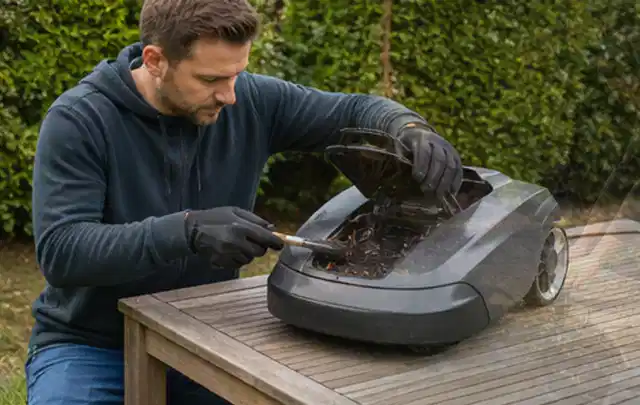 Person wartet einen geöffneten Mähroboter auf einem stabilen Gartentisch; Thema Motorhacken, Schwerpunkt Fehlerhilfe; Praxisalltag.