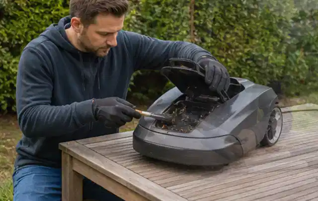 Person wartet einen geöffneten Mähroboter auf einem stabilen Gartentisch; Thema Motorhacken, Schwerpunkt Gärten mit kleiner Fläche; Kontrolle.
