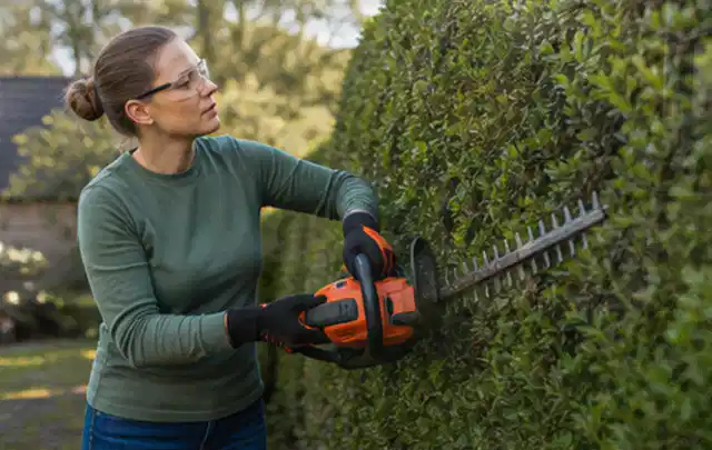 Person schneidet eine dichte Gartenhecke mit Schutzbrille und sicherem Stand; Thema Motorhacken, Schwerpunkt Gärten mit kleiner Fläche; Ergebnis.