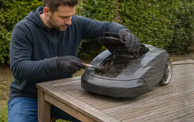 Person wartet einen geöffneten Mähroboter auf einem stabilen Gartentisch; Thema Motorhacken, Schwerpunkt Gartengeräte; Kontrolle.