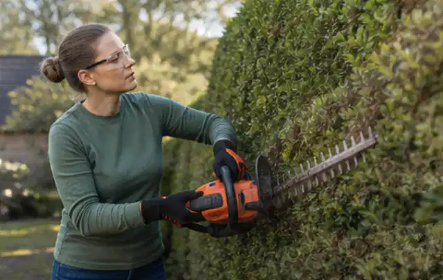 Person schneidet eine dichte Gartenhecke mit Schutzbrille und sicherem Stand; Thema Motorhacken, Schwerpunkt Kaufberatung; Umsetzung.