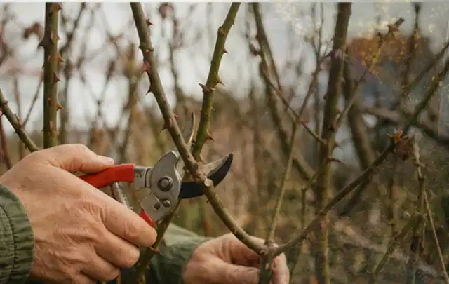 Hände schneiden einen älteren Rosenstrauch mit einer sauberen Gartenschere; Thema Motorhacken, Schwerpunkt Kaufberatung; Ergebnis.