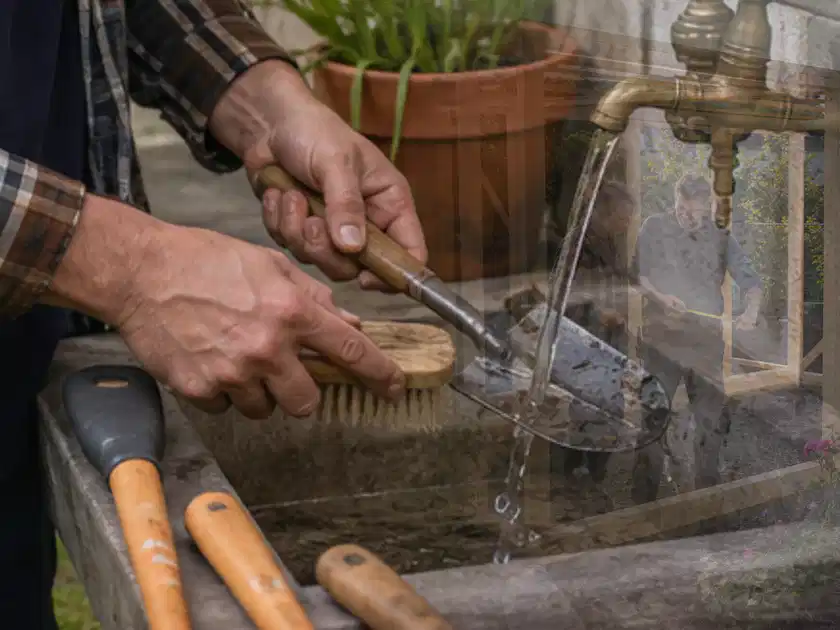 Hände reinigen gebrauchte Gartengeräte mit Bürste und Wasser am Außenbecken; Thema Motorhacken, Schwerpunkt Kosten; Titelbild.