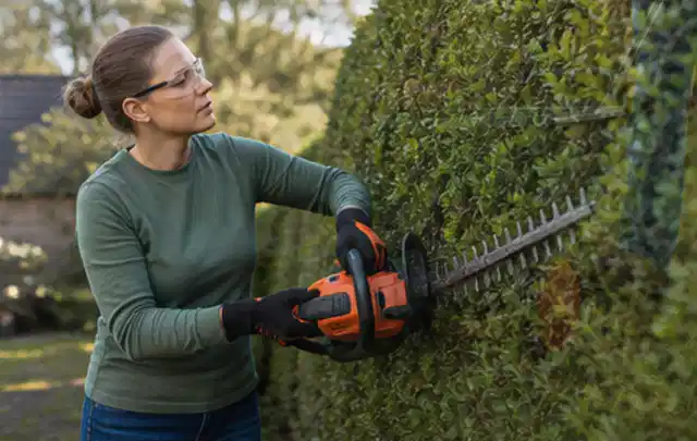 Person schneidet eine dichte Gartenhecke mit Schutzbrille und sicherem Stand; Thema Motorhacken, Schwerpunkt Kosten; Umsetzung.