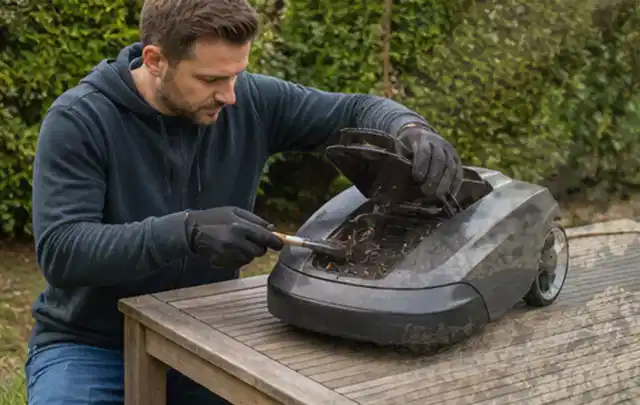 Person wartet einen geöffneten Mähroboter auf einem stabilen Gartentisch; Thema Motorhacken, Schwerpunkt Kosten; Praxisalltag.