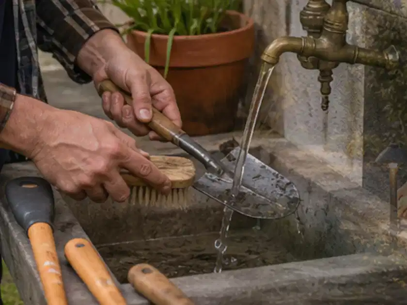 Hände reinigen gebrauchte Gartengeräte mit Bürste und Wasser am Außenbecken; Thema Motorhacken, Schwerpunkt Leistung; Titelbild.
