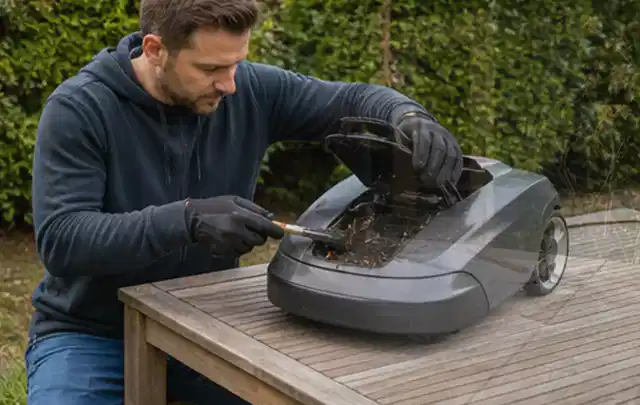 Person wartet einen geöffneten Mähroboter auf einem stabilen Gartentisch; Thema Motorhacken, Schwerpunkt Nachhaltigkeit; Kontrolle.