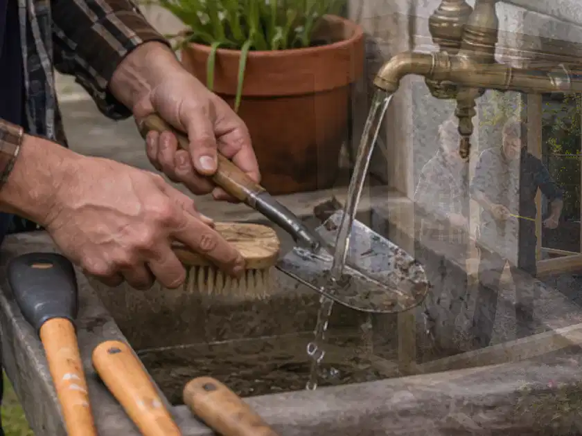 Hände reinigen gebrauchte Gartengeräte mit Bürste und Wasser am Außenbecken; Thema Motorhacken, Schwerpunkt Reinigung; Titelbild.