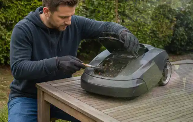 Person wartet einen geöffneten Mähroboter auf einem stabilen Gartentisch; Thema Motorhacken, Schwerpunkt Reinigung; Ergebnis.