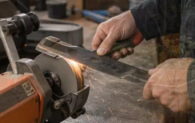 Person schärft ein ausgebautes Rasenmähermesser an einer Werkbank; Thema Motorhacken, Schwerpunkt Reparatur; Ausgangslage.
