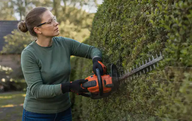 Person schneidet eine dichte Gartenhecke mit Schutzbrille und sicherem Stand; Thema Motorhacken, Schwerpunkt Sicherheit; Umsetzung.