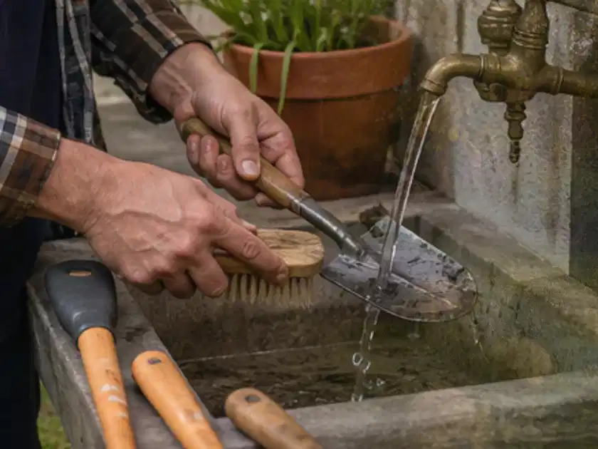 Hände reinigen gebrauchte Gartengeräte mit Bürste und Wasser am Außenbecken; Thema Motorhacken, Schwerpunkt Systemvergleich; Titelbild.