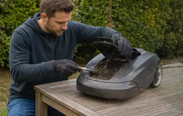 Person wartet einen geöffneten Mähroboter auf einem stabilen Gartentisch; Thema Motorhacken, Schwerpunkt Systemvergleich; Umsetzung.