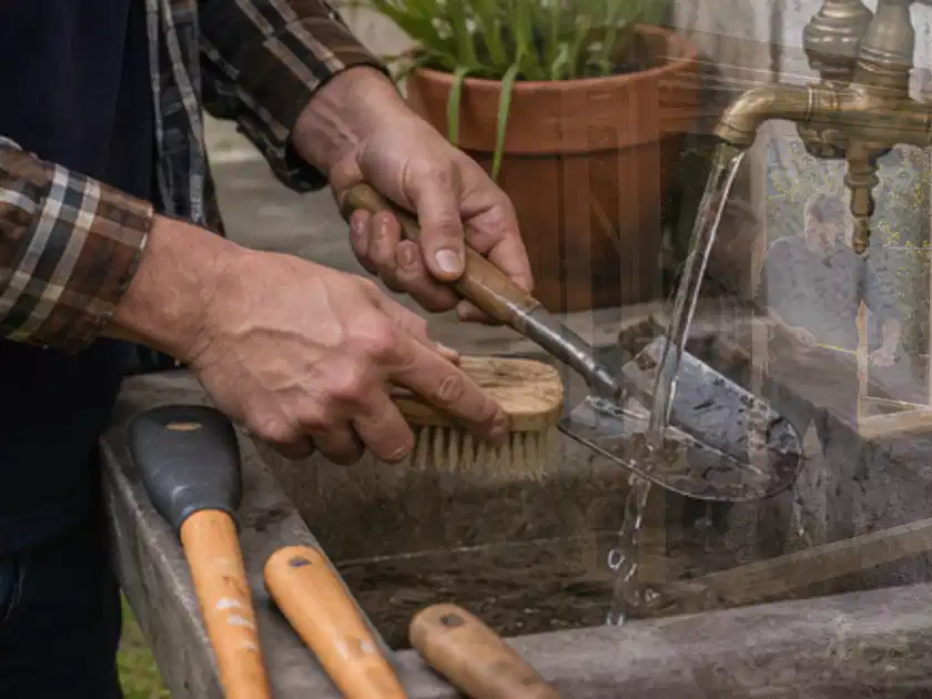 Hände reinigen gebrauchte Gartengeräte mit Bürste und Wasser am Außenbecken; Thema Motorhacken, Schwerpunkt Testkriterien; Titelbild.
