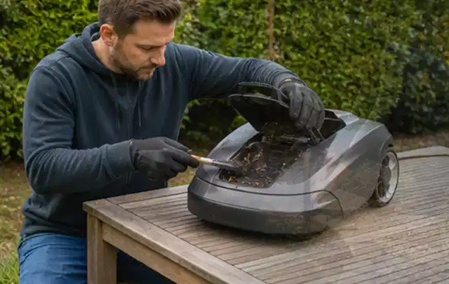 Person wartet einen geöffneten Mähroboter auf einem stabilen Gartentisch; Thema Motorhacken, Schwerpunkt Testkriterien; Praxisalltag.