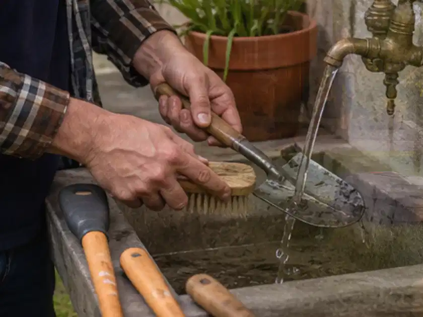 Hände reinigen gebrauchte Gartengeräte mit Bürste und Wasser am Außenbecken; Thema Motorhacken, Schwerpunkt Vergleich; Titelbild.
