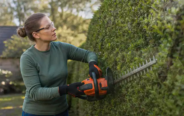 Person schneidet eine dichte Gartenhecke mit Schutzbrille und sicherem Stand; Thema Motorhacken, Schwerpunkt Wartung; Ergebnis.