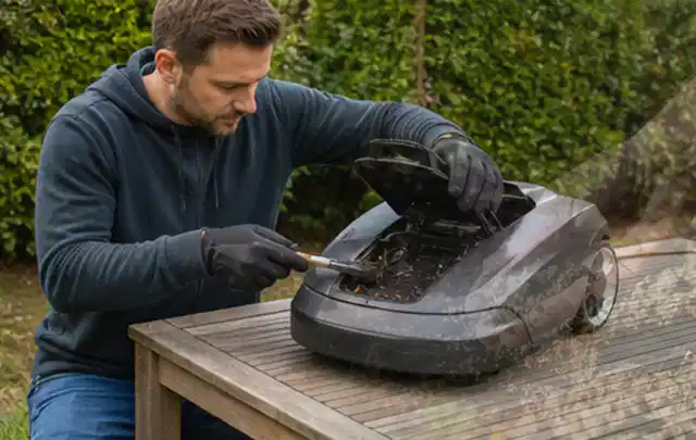 Person wartet einen geöffneten Mähroboter auf einem stabilen Gartentisch; Thema Motorsensen, Schwerpunkt Anwendung; Umsetzung.