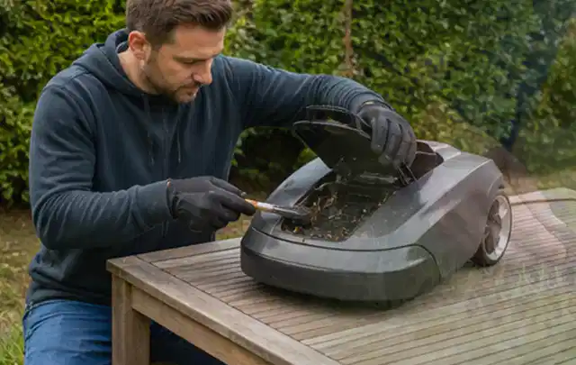 Person wartet einen geöffneten Mähroboter auf einem stabilen Gartentisch; Thema Motorsensen, Schwerpunkt Bestenliste; Ausgangslage.