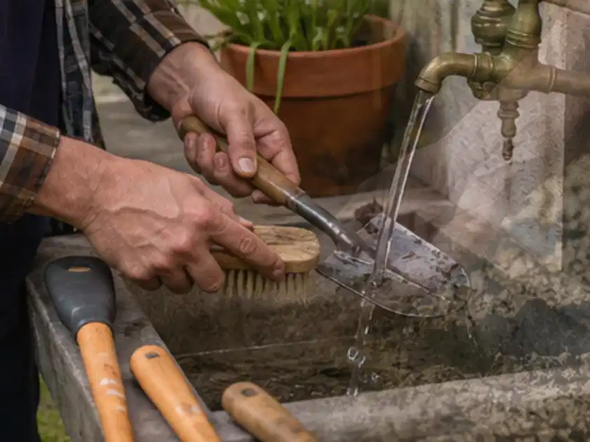 Hände reinigen gebrauchte Gartengeräte mit Bürste und Wasser am Außenbecken; Thema Motorsensen, Schwerpunkt Dimensionierung; Titelbild.
