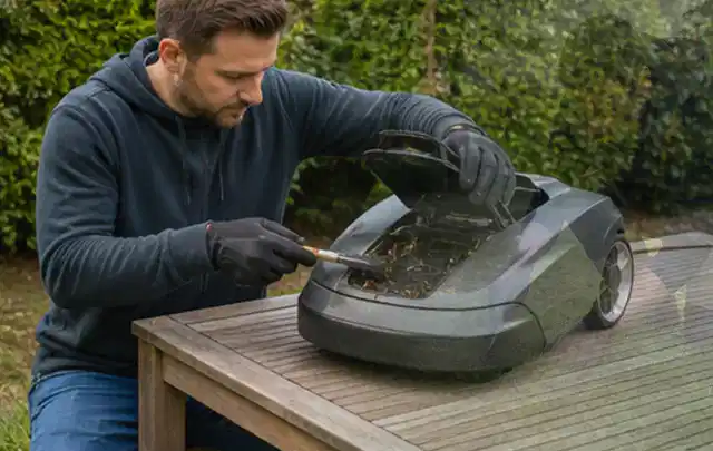 Person wartet einen geöffneten Mähroboter auf einem stabilen Gartentisch; Thema Motorsensen, Schwerpunkt Dimensionierung; Ergebnis.
