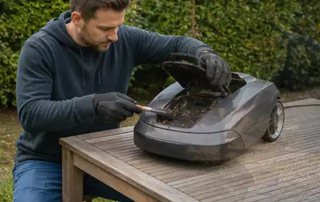 Person wartet einen geöffneten Mähroboter auf einem stabilen Gartentisch; Thema Motorsensen, Schwerpunkt Ersatzteile; Kontrolle.