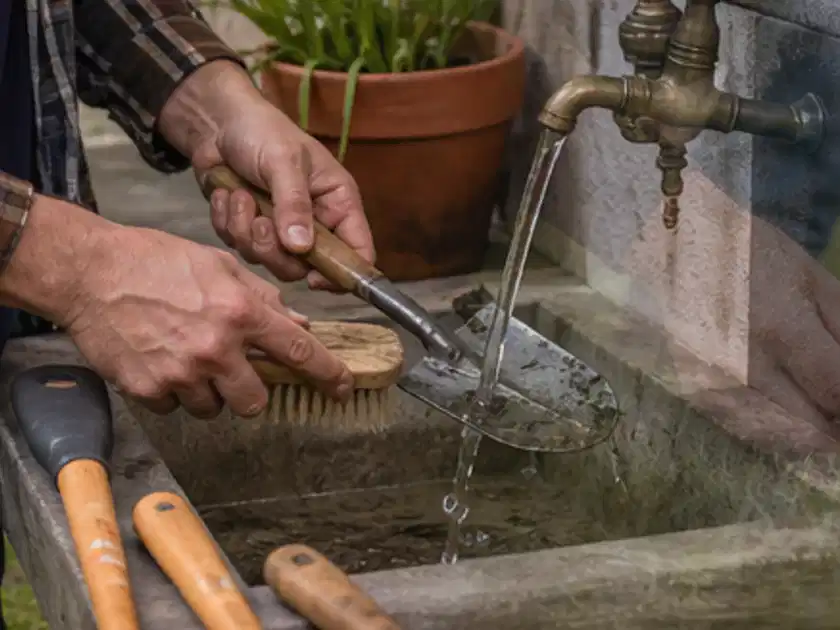 Hände reinigen gebrauchte Gartengeräte mit Bürste und Wasser am Außenbecken; Thema Motorsensen, Schwerpunkt Fehlerhilfe; Titelbild.
