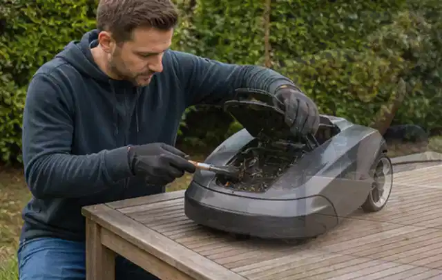 Person wartet einen geöffneten Mähroboter auf einem stabilen Gartentisch; Thema Motorsensen, Schwerpunkt Fehlerhilfe; Ergebnis.