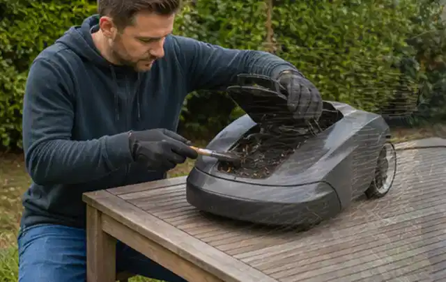 Person wartet einen geöffneten Mähroboter auf einem stabilen Gartentisch; Thema Motorsensen, Schwerpunkt Gärten mit großer Fläche; Ausgangslage.