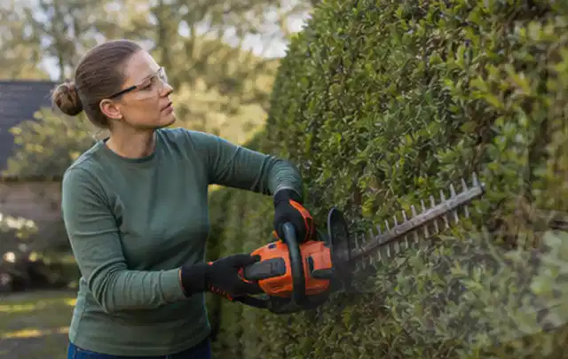 Person schneidet eine dichte Gartenhecke mit Schutzbrille und sicherem Stand; Thema Motorsensen, Schwerpunkt Gärten mit kleiner Fläche; Kontrolle.