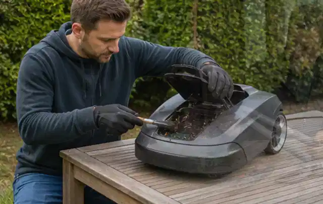 Person wartet einen geöffneten Mähroboter auf einem stabilen Gartentisch; Thema Motorsensen, Schwerpunkt Gartengeräte; Ausgangslage.