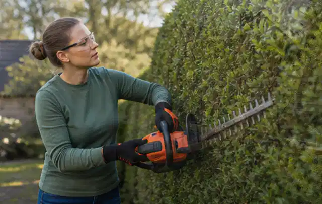 Person schneidet eine dichte Gartenhecke mit Schutzbrille und sicherem Stand; Thema Motorsensen, Schwerpunkt Gartengeräte; Kontrolle.
