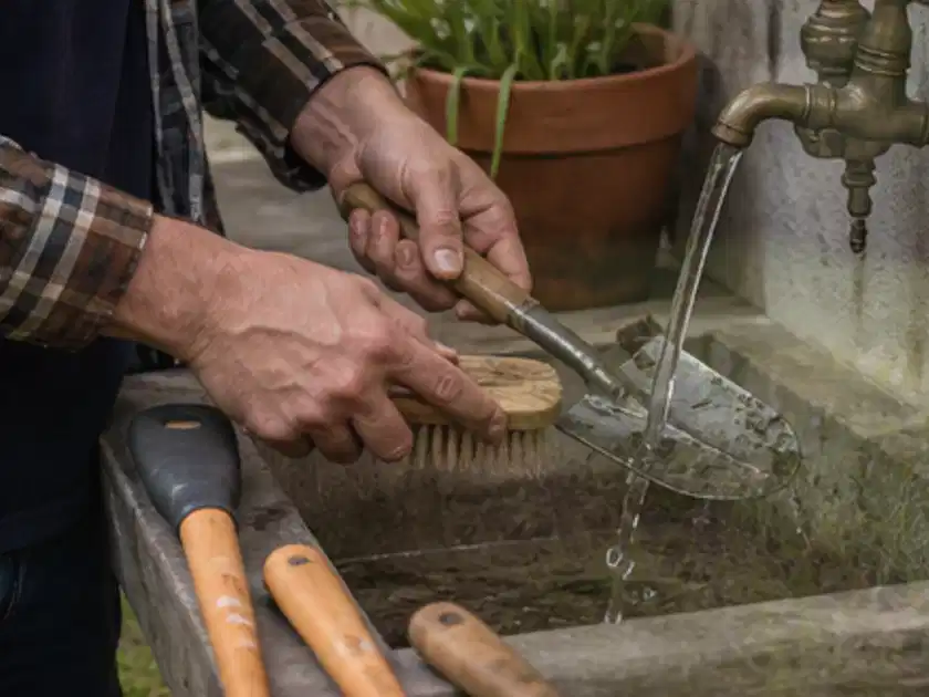 Hände reinigen gebrauchte Gartengeräte mit Bürste und Wasser am Außenbecken; Thema Motorsensen, Schwerpunkt Kaufberatung; Titelbild.