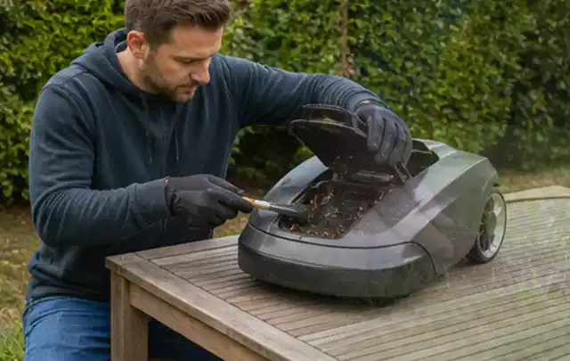 Person wartet einen geöffneten Mähroboter auf einem stabilen Gartentisch; Thema Motorsensen, Schwerpunkt Kosten; Kontrolle.