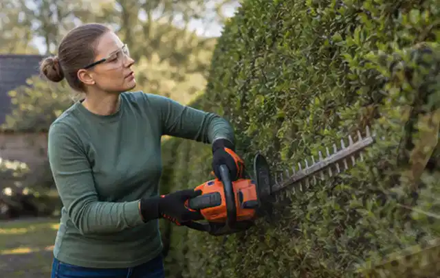 Person schneidet eine dichte Gartenhecke mit Schutzbrille und sicherem Stand; Thema Motorsensen, Schwerpunkt Nachhaltigkeit; Umsetzung.