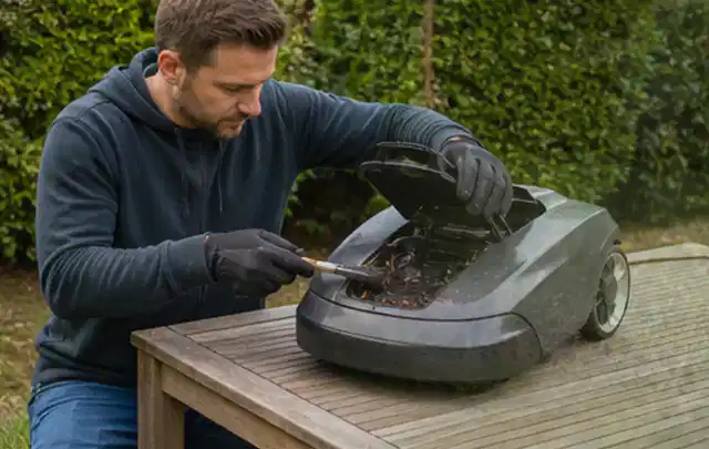 Person wartet einen geöffneten Mähroboter auf einem stabilen Gartentisch; Thema Motorsensen, Schwerpunkt Nachhaltigkeit; Kontrolle.