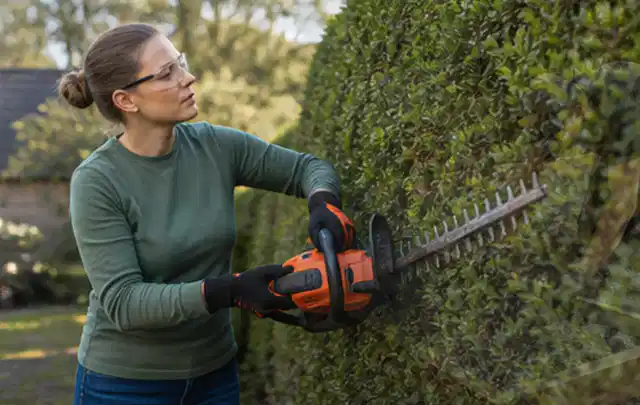 Person schneidet eine dichte Gartenhecke mit Schutzbrille und sicherem Stand; Thema Motorsensen, Schwerpunkt Reinigung; Kontrolle.