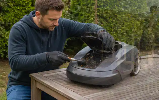 Person wartet einen geöffneten Mähroboter auf einem stabilen Gartentisch; Thema Motorsensen, Schwerpunkt Sicherheit; Ergebnis.