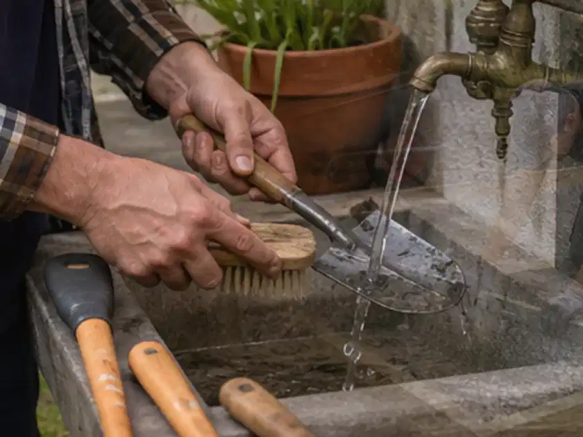 Hände reinigen gebrauchte Gartengeräte mit Bürste und Wasser am Außenbecken; Thema Motorsensen, Schwerpunkt Systemvergleich; Titelbild.