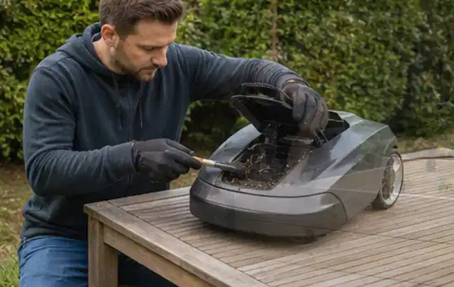 Person wartet einen geöffneten Mähroboter auf einem stabilen Gartentisch; Thema Motorsensen, Schwerpunkt Systemvergleich; Kontrolle.