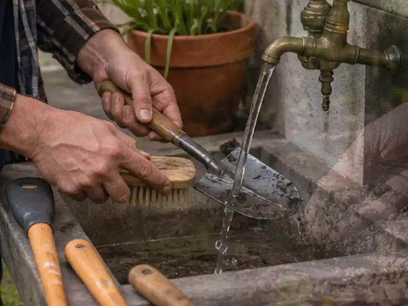Hände reinigen gebrauchte Gartengeräte mit Bürste und Wasser am Außenbecken; Thema Motorsensen, Schwerpunkt Testkriterien; Titelbild.