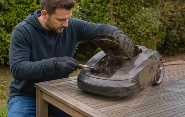 Person wartet einen geöffneten Mähroboter auf einem stabilen Gartentisch; Thema Motorsensen, Schwerpunkt Testkriterien; Umsetzung.